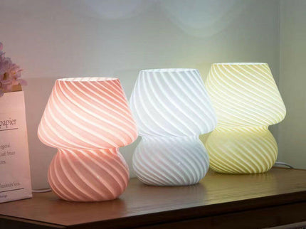 White Retro Swirl Glass Mushroom Table Lamp USB Dimmable Bedside Accent Light.