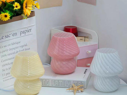 White Retro Swirl Glass Mushroom Table Lamp USB Dimmable Bedside Accent Light.