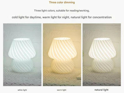 White Retro Swirl Glass Mushroom Table Lamp USB Dimmable Bedside Accent Light.