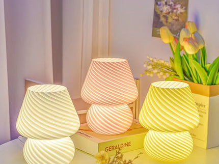 Yellow Retro Swirl Glass Mushroom Table Lamp - USB Powered 3-Level Dimmable Bedside Accent Light