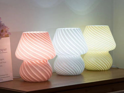 Yellow Retro Swirl Glass Mushroom Table Lamp - USB Powered 3-Level Dimmable Bedside Accent Light