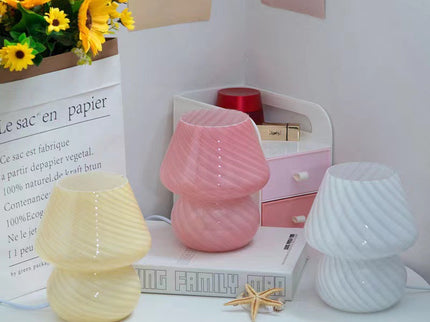 Yellow Retro Swirl Glass Mushroom Table Lamp - USB Powered 3-Level Dimmable Bedside Accent Light
