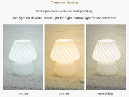 Yellow Retro Swirl Glass Mushroom Table Lamp - USB Powered 3-Level Dimmable Bedside Accent Light