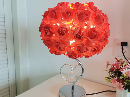 Red Roses And Silver Base Romantic Red Rose Flower Table Lamp - Crystal Heart Accent Bedside Night Light