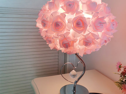 Pink Roses And Silver Base Romantic Red Rose Flower Table Lamp - Crystal Heart Accent Bedside Night Light