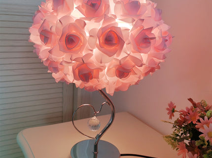 Pink,Green Roses And Silver Base Romantic Red Rose Flower Table Lamp - Crystal Heart Accent Bedside Night Light