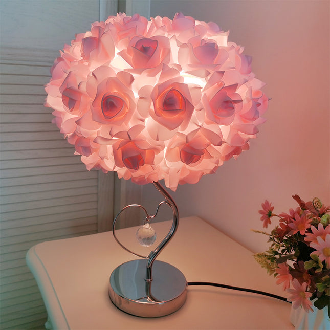 Pink,Green Roses And Silver Base Romantic Red Rose Flower Table Lamp - Crystal Heart Accent Bedside Night Light