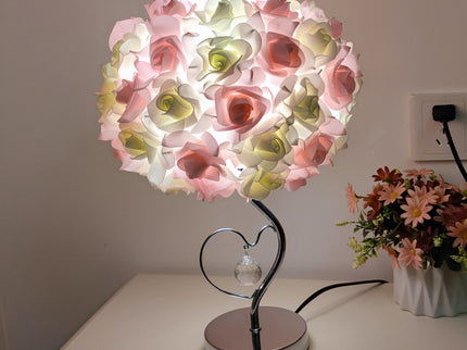Pink,Green Roses And Silver Base Romantic Red Rose Flower Table Lamp - Crystal Heart Accent Bedside Night Light