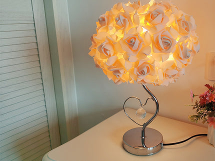 Pink,Green Roses And Silver Base Romantic Red Rose Flower Table Lamp - Crystal Heart Accent Bedside Night Light