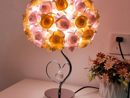 Pink,Yellow Roses And Silver Base Romantic Red Rose Flower Table Lamp - Crystal Heart Accent Bedside Night Light