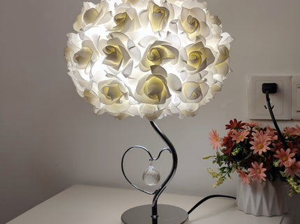 Beige Roses And Silver Base Romantic Red Rose Flower Table Lamp - Crystal Heart Accent Bedside Night Light