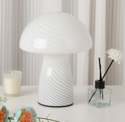Stripe-Pure White Retro Swirl Glass Mushroom Table Lamp LED Bedside Night Light.