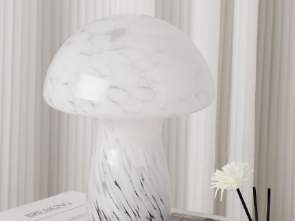 Speckled White Retro Swirl Glass Mushroom Table Lamp - LED Bedside Night Light