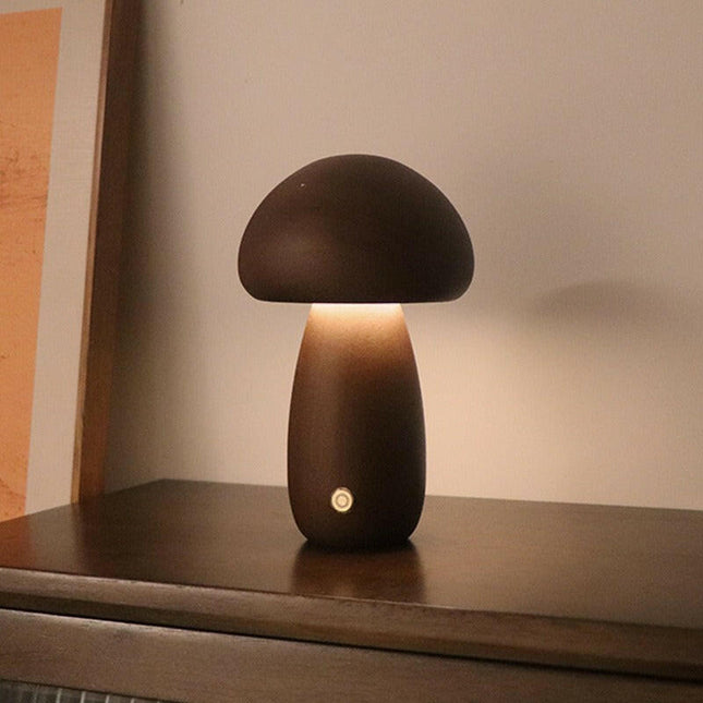 Dun-dun Model Dark Brown Solid Wood Mushroom LED Table Lamp Rechargeable Touch Night Light Large.