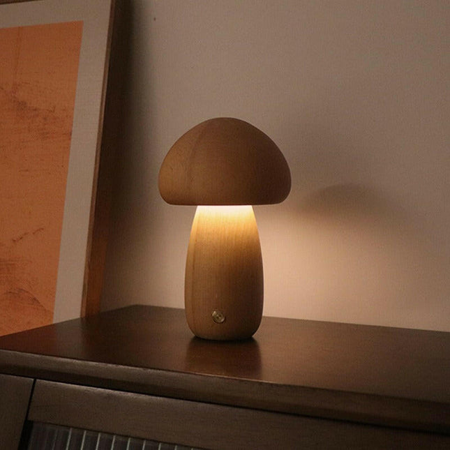 Dun-dun Model Brown Solid Wood Mushroom LED Table Lamp Rechargeable Touch Night Light Large.