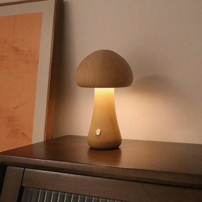 Brown Solid Wood Mushroom LED Table Lamp Rechargeable Touch Night Light Large.