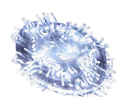 Cool white LED curtain lights on a spool, perfect for festive decorations and home lighting