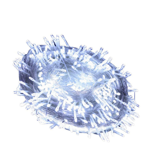 Cool white LED curtain lights on a spool, perfect for festive decorations and home lighting